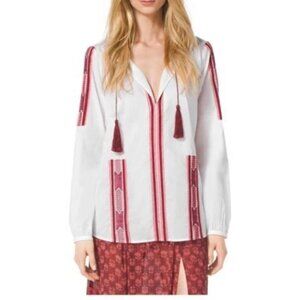 MICHAEL KORS PEASANT COTTON LAWN SEMI-SHEER SPLIT NECK EMBOIDERY TASSEL 3X NWT